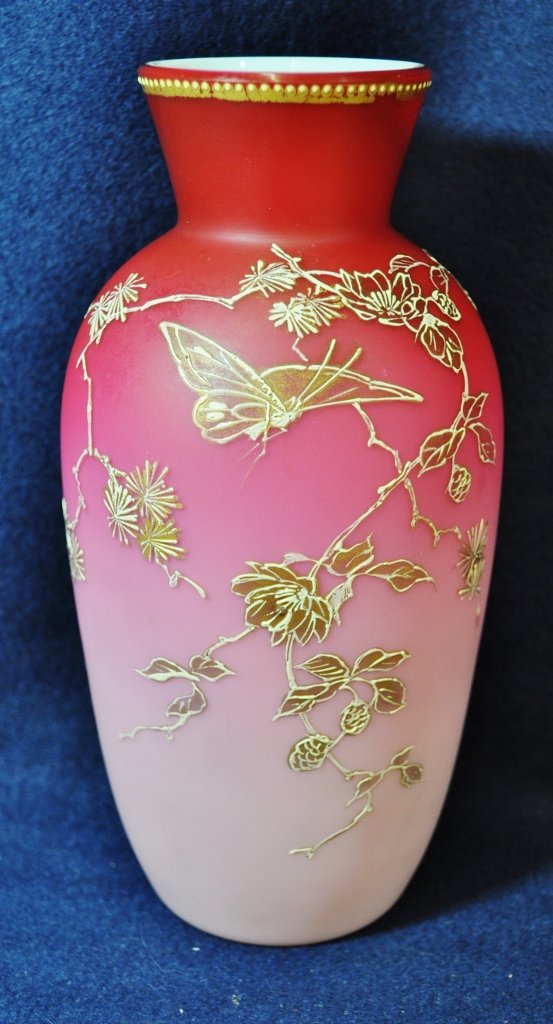 1930s CASED HAND BLOWN PEACH BLOW ENAMELED ENGLISH VASE (1 of 6)