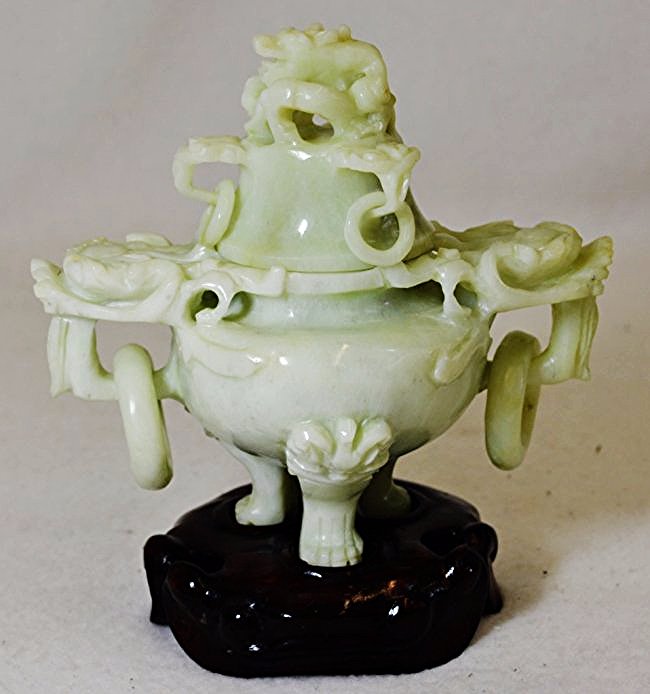 1920+ CHINESE EARLY REPUBLIC CELADON JADE DRAGON CENSER (1 of 9)