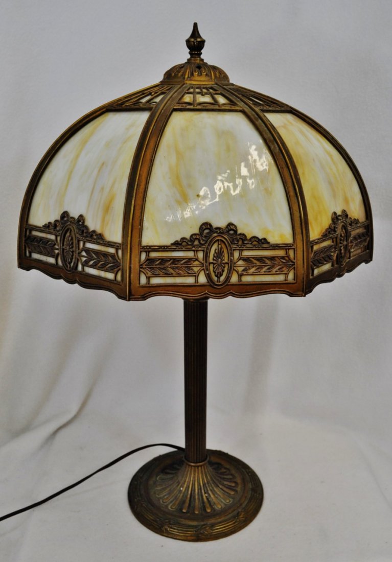 1940 CARAMEL SLAG GLASS 2 BULB TABLE LAMP BRONZE PATINA (1 of 6)