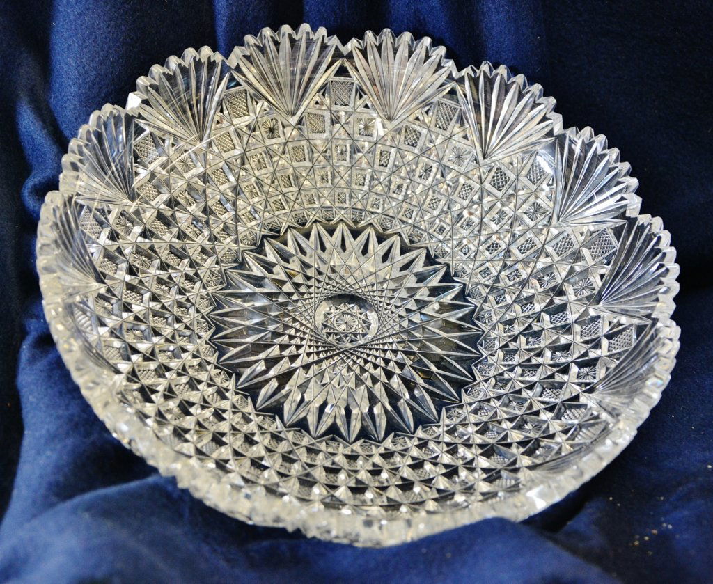 1910 ABP HVY CUT LEAD CRYSTAL HOBSTAR DIAMOND FAN BOWL (1 of 6)