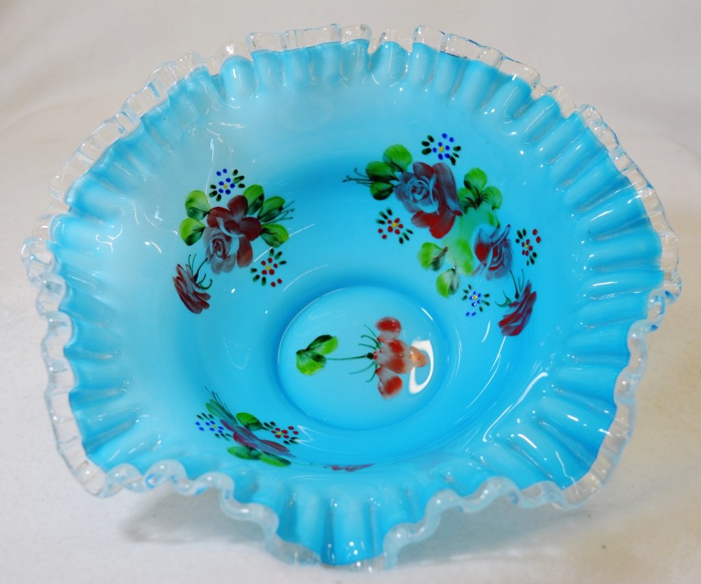 1950s FENTON HP CASED BLUE OVER OPAL SILVER CREST BOWL (1 of 4)