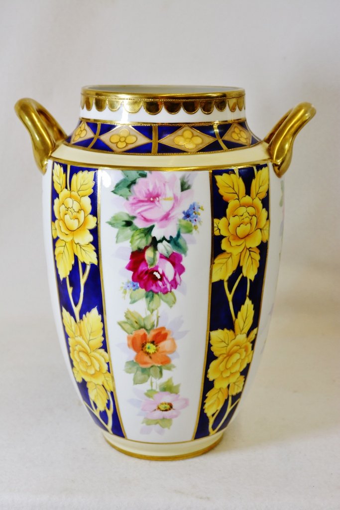 PRE 1921 MORIMURA HP NIPPON OVOID FLORAL HANDLED VASE (1 of 4)