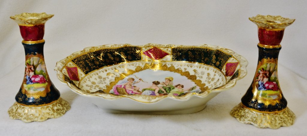 1930s BAVARIAN PORCELAIN SYLVAN PUTTI 3 PIECE CONSOLE (1 of 8)