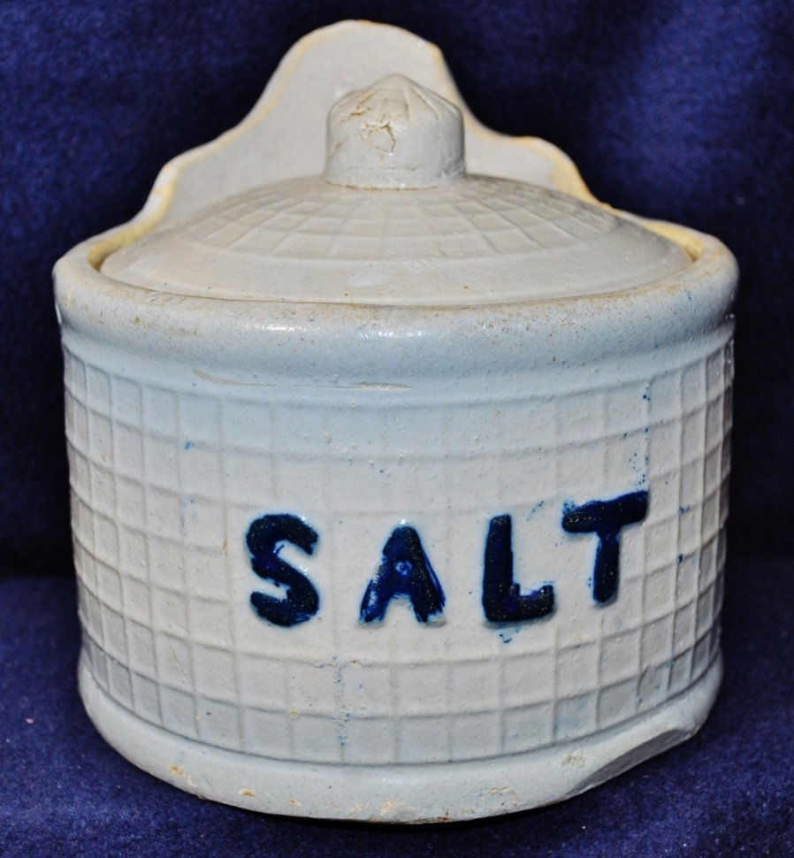 1890s ENGLISH EARTHENWARE SALT GLAZE COVERED SALT BOX (1 of 6)