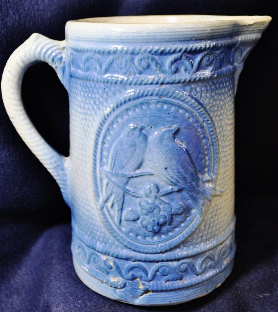 1890s ENGLISH EARTHENWARE LOVEBIRDS SALT GLAZE PITCHER (1 of 6)