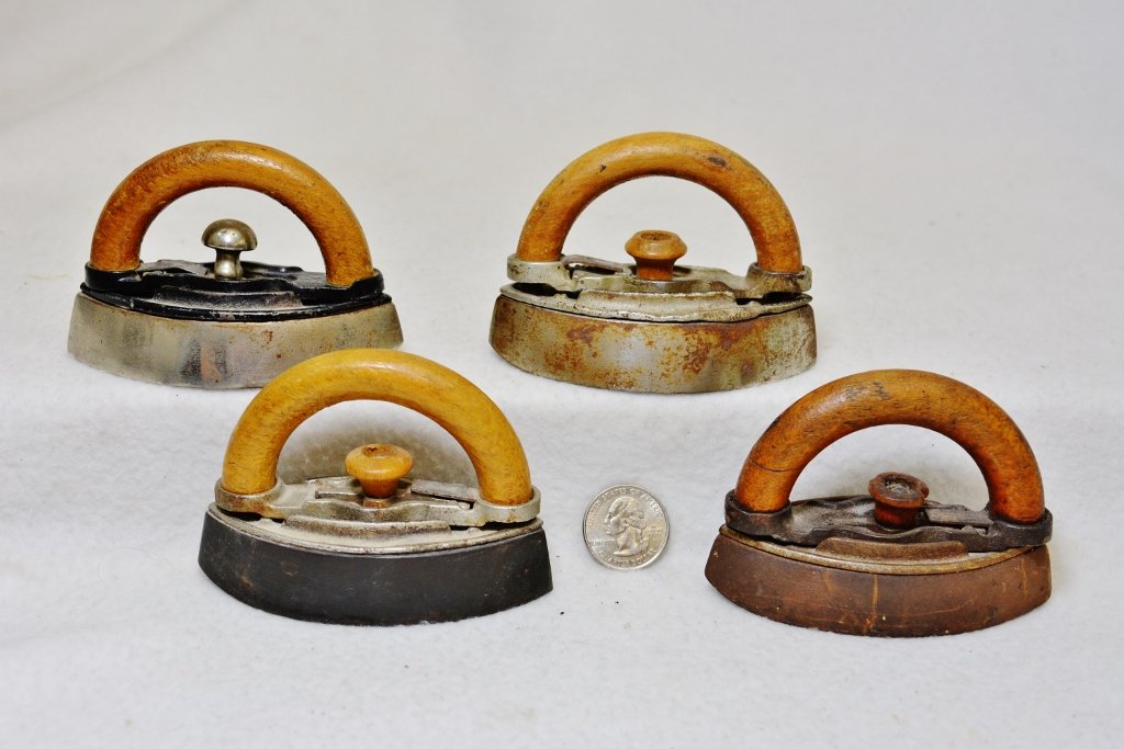 1890s-1900s 4 MARY POTTS NICKEL PLATED MAPLE SAD IRONS (1 of 3)