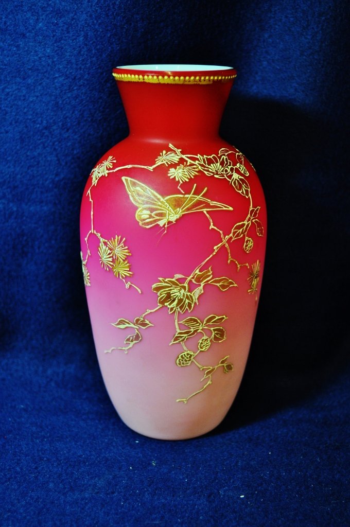 1930s CASED HAND BLOWN PEACH BLOW ENAMELED ENGLISH VASE (1 of 6)
