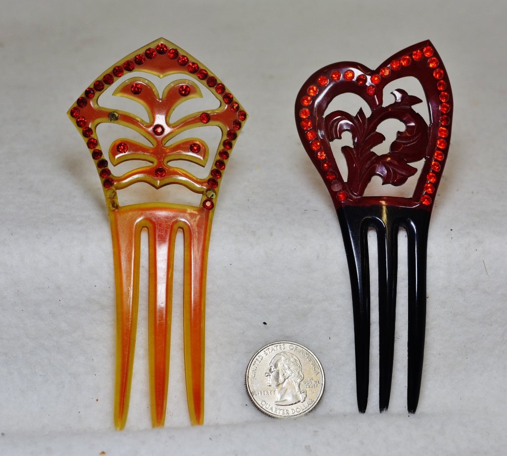1920s LITE AMBER RUBY & BLACK RHINESTONE MANTILLA COMBS (1 of 4)