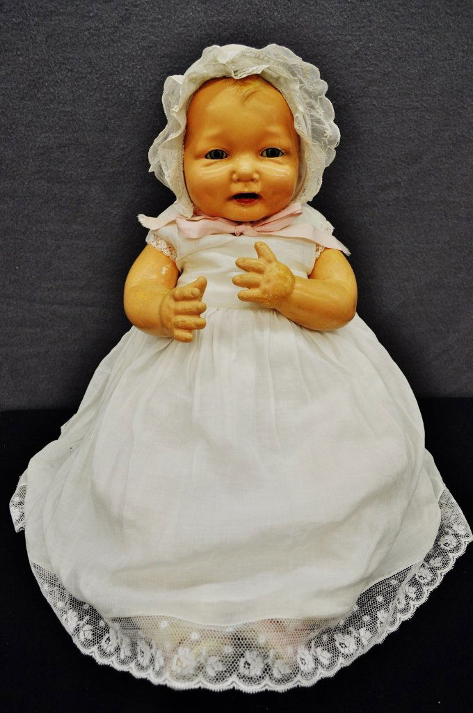 1924 EFFANBEE BUBBLES DOLL 26 INCHES: This sweetheart is an Effanbee Bubbles Doll, a full 26 inches, composition and cloth body , Composition includes legs, thigh, down, arms, upper chest, shoulders, and head. There is some general grazin