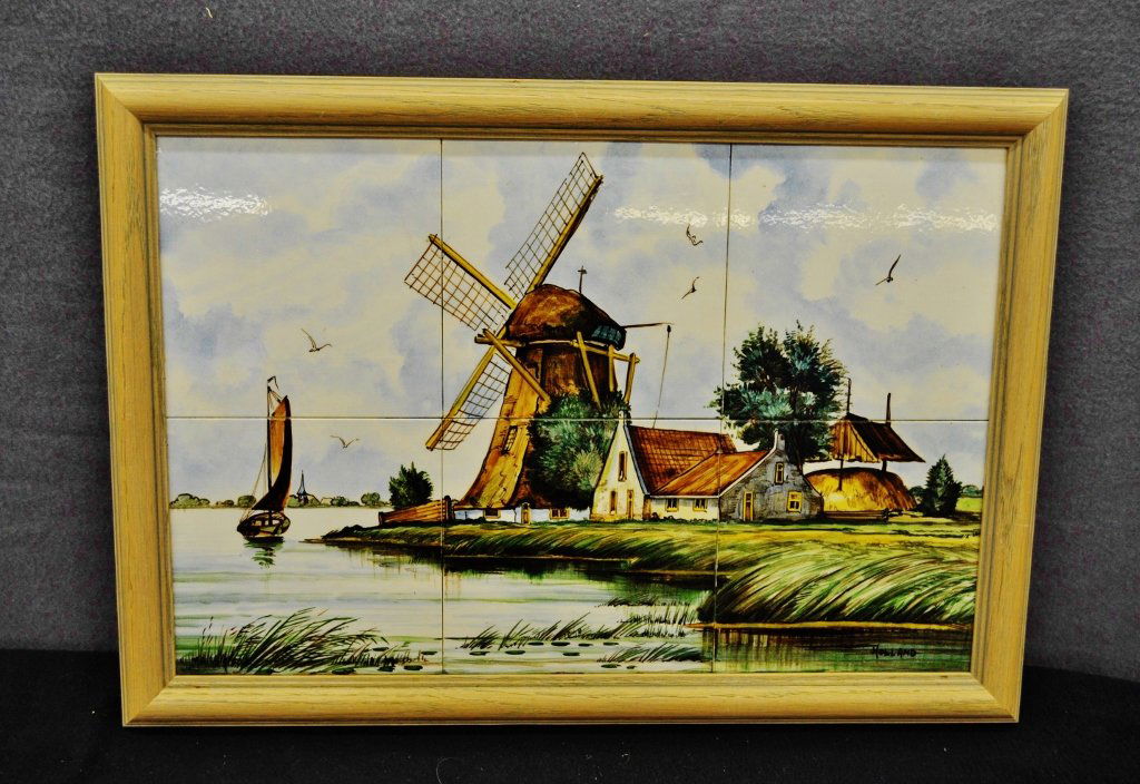 HAND PAINTED PORCELAIN TILE FRAMED HOLLAND SCENE (1 of 6)
