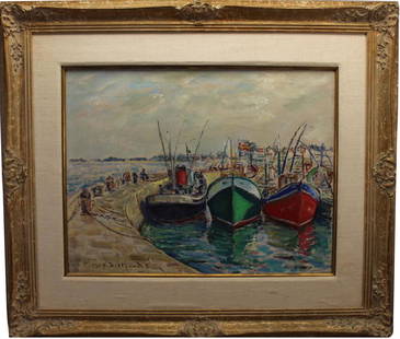 Pierre Philippe Bertrand (France, 1884 - 1975): Pierre Philippe Bertrand (France, 1884 - 1975)Harbor scene with sailboats, figures along a path. Signed lower left. Signed lower left. Sight Size: 19 x 25 in.Bertrand debuted in 1907 at the Paris Salo