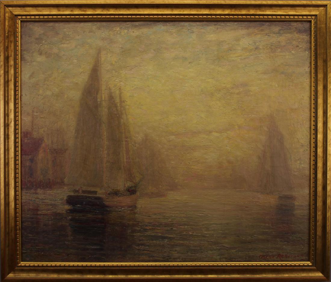 Oscar Anderson (1873 - 1953): Oscar Anderson ( Massachusetts, Ohio, 1873 - 1953) luminous impressionist canal scene with sailboats. Possibly Gloucester. Signed lower right. Oil/Canvas. Sight Size: 19.5 x 23.5 in. In 1908, Anderson