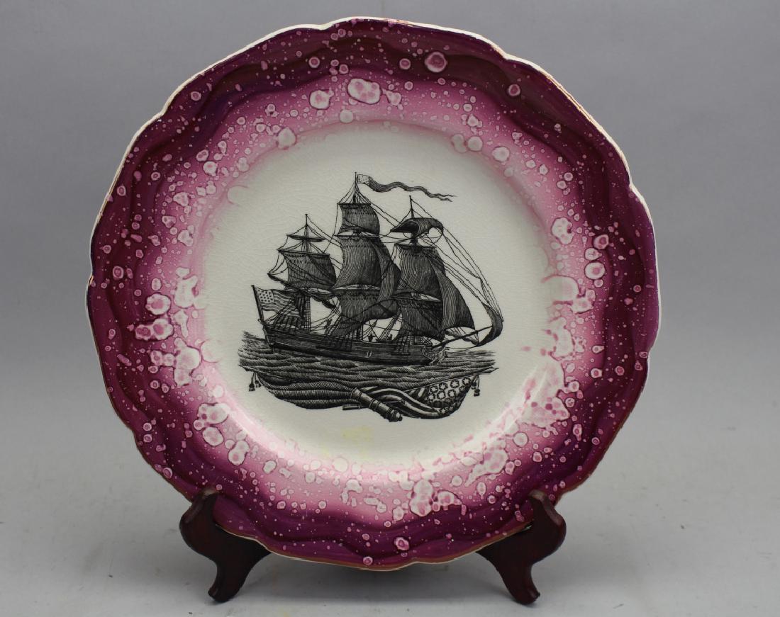 Lustre Ware Plate of American Ship, Flag & Cannon: Lustre Ware Plate of American Ship with Flag & Cannon. Gray's Pottery. Marked on base. Diameter: 10 in.