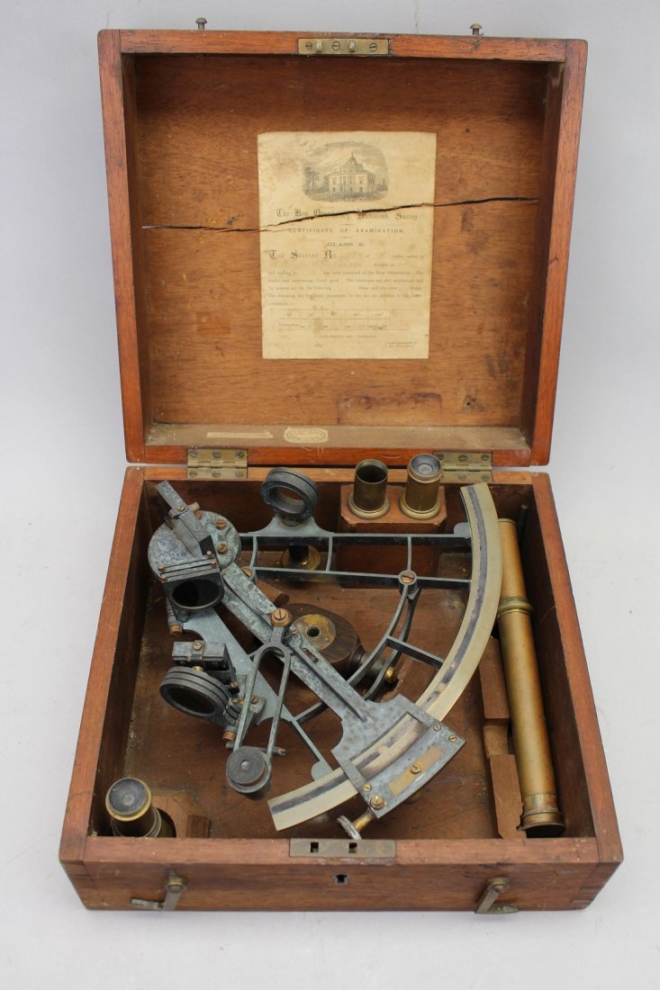 A. Hughes London 19th C. Brass Sextant in Case. (1 of 4)
