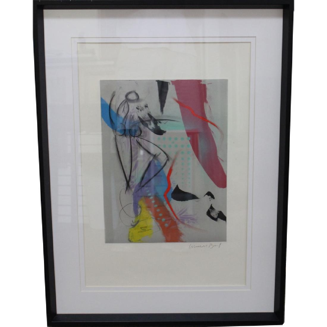 Signed "Dancer & Two Red Comets', Abstract: Signed "Dancer & Two Red Comets', Abstract mixed media on paper. Illegibly Signed lower right. Image Size: 15.75 x 11.75 in. Overall Size: 31.25 x 23.25 in. This item is framed behind glass.