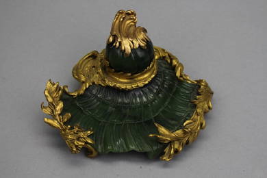 Exceptional Antique French Jade Inkwell w Bronze Mounts