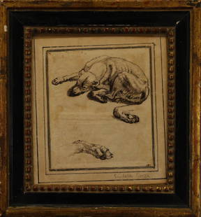 Sinibaldo Scorza (Italy, 1589-1631) "Sleeping Dog": SINIBALDO SCORZA Italian 1589-1631 "Sleeping Dog" Medium: Pen and Ink. Image Size: 5 5/8 x 4 7/8 in. Provenance: Collectors Marks verso: Earl of Warwick Sir Bruce Ingram Carl Winter, Cambridge.