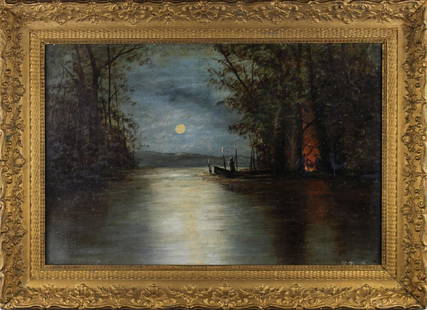 William Brown (NY, New Jersey, 1828 - 1898): William Mason Brown (American, 1828-1898) Night time encampment scene. Oil/Board. Hudson River. Signed lower right. Sight Size: 11.75 x 18 in. Overall Size: 16 x 22.25 in. His work found its way into