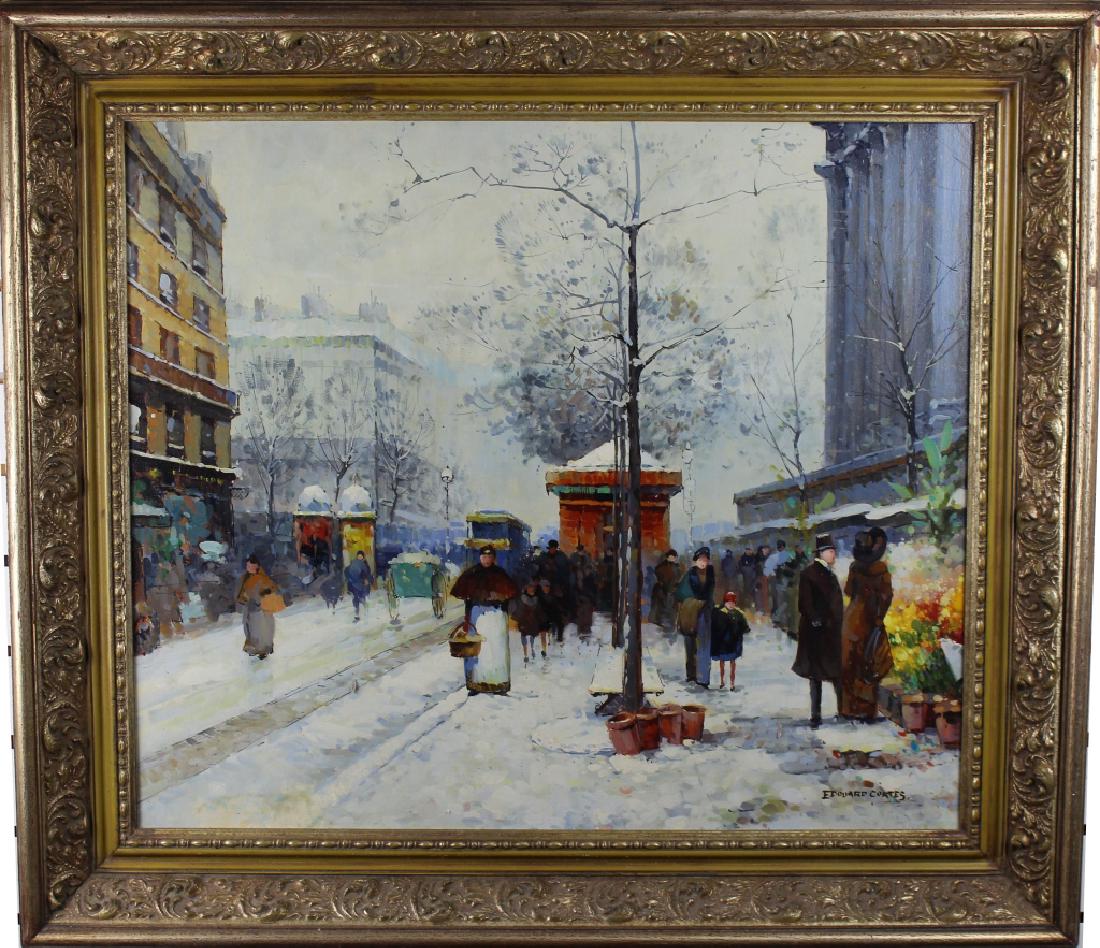 Attr. Edouard Leon Cortes (1882 - 1969): Attr. Edouard Cortes (1882-1960) painting of a Paris Street Scene with Figures.Oil/Board. Signed lower right. Sight Size: 22.75 x 27 in. Overall Size: 30.75 x 35 in.