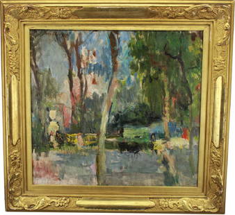 American School, Signed Sargent "Trees in Garden": American School, Signed Sargent "Trees in a formal Garden" Impressionist landscape. Signed John Sargent upper left. Housed in a gilt carved American frame. Oil/Board. Signed upper left. Sight Size: 13