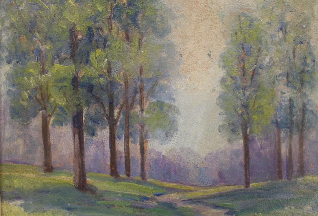 William Forsyth (American, 1854 - 1935): William Forsyth (Indiana, California, Ohio, 1854 - 1935) Wooded landscape. Signed lower left. Oil/Board. Sight Size: 10.5 x 13.5 in. Overall Size: 14 x 17 in. Forsyth began attending the Indiana Schoo