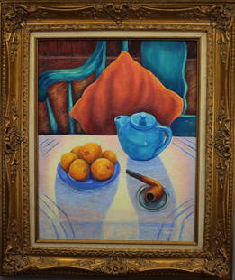 Dorothy Morang  (1906 - 1994): Dorothy Morang (1906 - 1994) "oranges and a Teapot" Oil on artist board painting by the American artist Dorothy Morang. Signed lower right and dated 1940. Signed and titled verso as well. Sight size:2