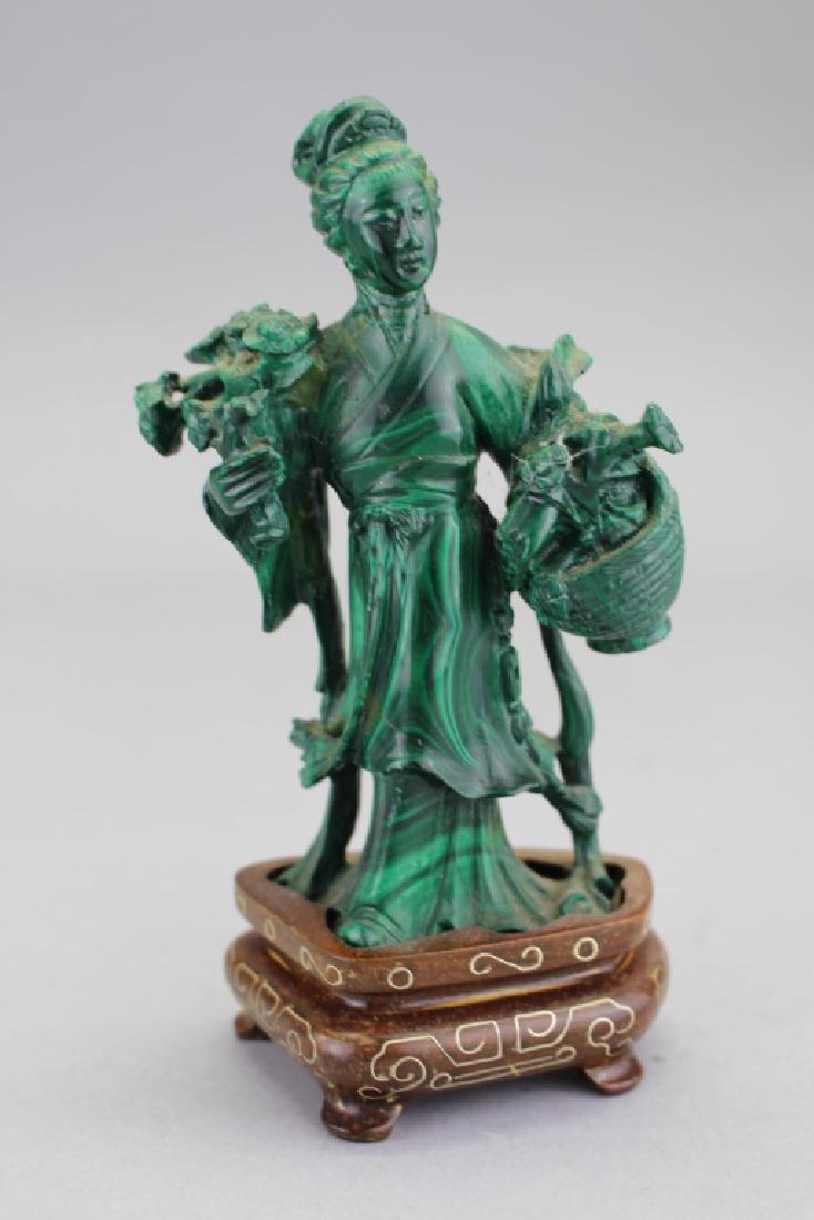 Chinese Carved Maiden Figure on Stand, Malachite (1 of 3)