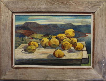 Woldemar Neufeld (1909 - 2002) "Yellow Pear": Woldemar Neufeld (1909 - 2002) "Yellow Pear" still life with a view of New Preston Connecticut in the background. Sight size: 15 x 23 inches. His work hangs in many private collections and many promin