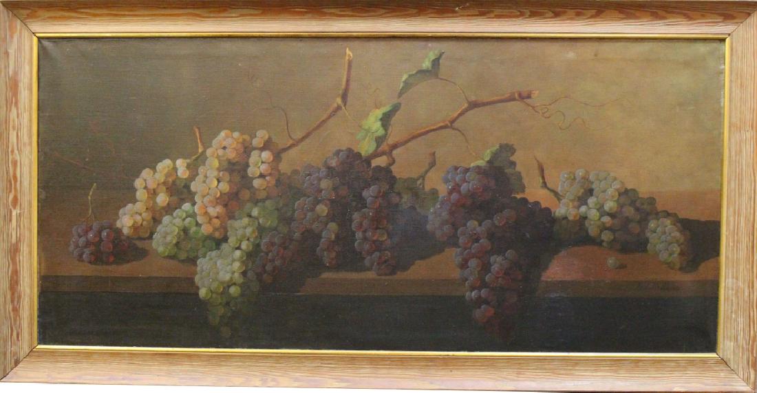 Manuel Millan (Spain, 1923 - 1984): Manuel Millan (Spain, 1923 - 1984) large oil on canvas still life of grapes on a ledge. Sight size: 23 x 51 inches. Signed lower right.