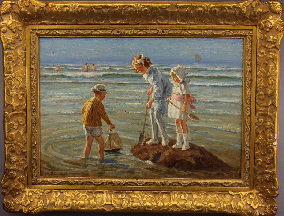 Anton Nicolaas Marie Karssen (born 1945): Anton Nicolaas Marie Karssen (Netherlands, born 1945) Oil on canvas painting of children at the beach. Signed lower left. Sight size: 13 x 19 inches. Overall size: 20.2 x 26.2 inches.