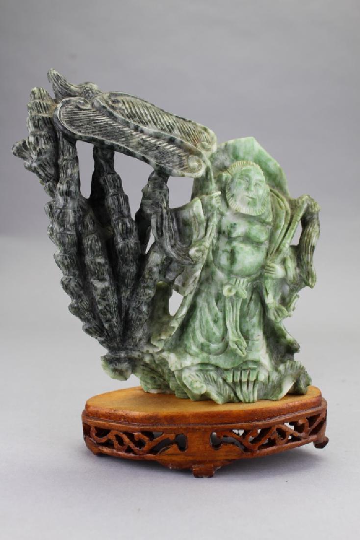Carved Chinese Spinach Jade Figure on Stand (1 of 4)
