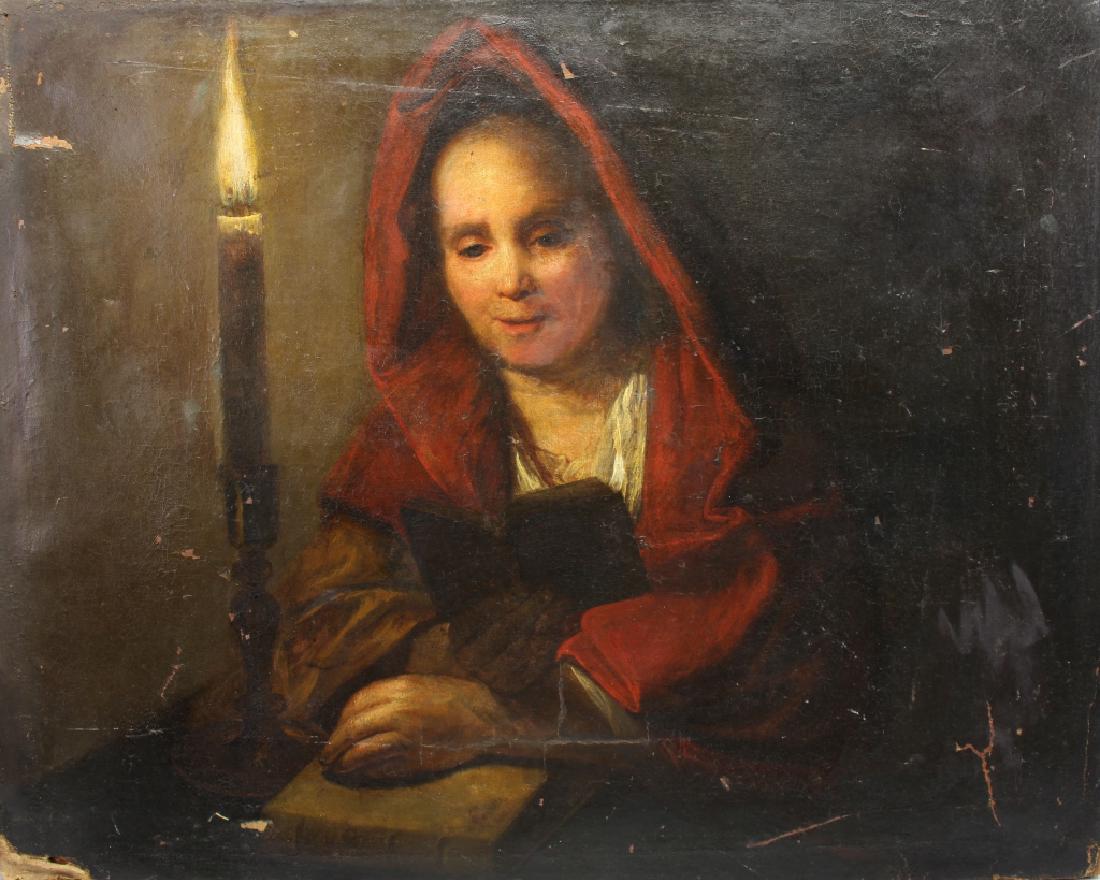 After Ferdinand Bol (1616 - 1680): After Ferdinand Bol (1616 - 1680) Oil on canvas painting of a figure holding a candle light in a dark room. With label verso inscribed "Mstr: Bol Ferdinand" Size: 27 x 34 inches.