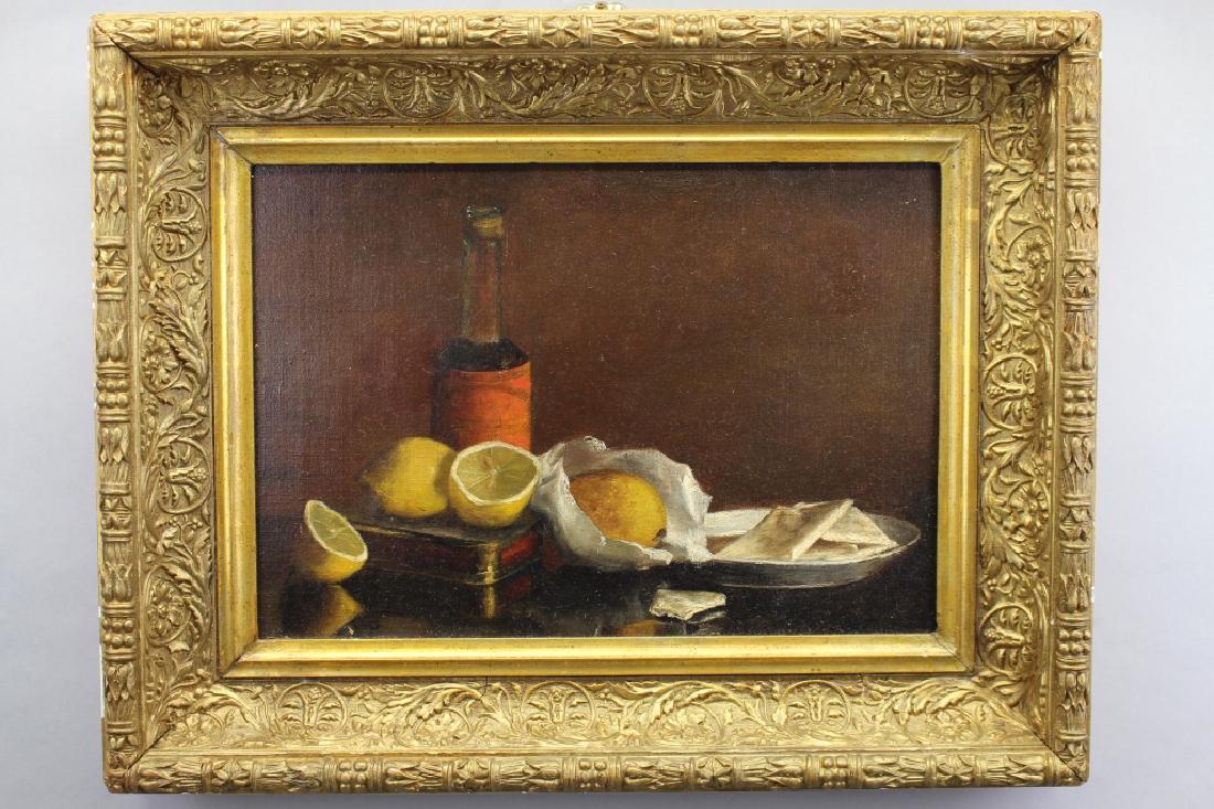 19th C. Still Life: 19th C. Still Life depicting a table of lemons and a bottle of wine. Appears to be unsigned, has not been examined out of the frame. Sight size: 10.5 x 15 inches. Overall size: 16.5 x 21 inches.