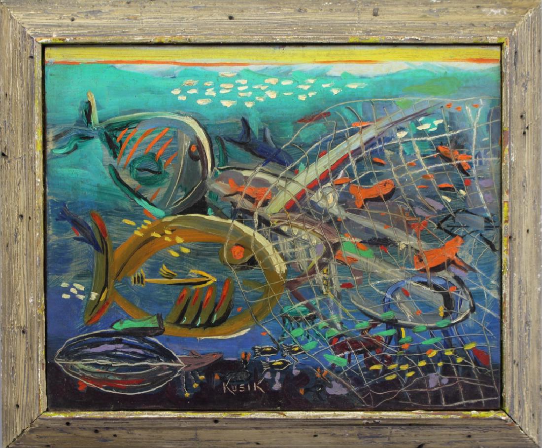 Kusik, Signed Russian painting w/ Fish, Castnet: Kusik, Signed Russian painting w/ Fish, Castnet at the bottom of the ocean floor. Signed center middle of painting. Oil on board. Sight size: 8 x 10 inches.