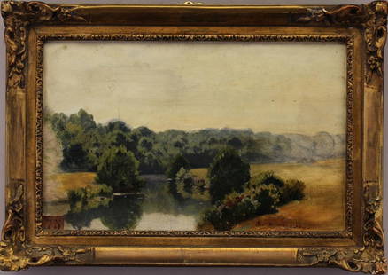 Jean Ferdinand Monchablon (France, 1855 - 1904): Jean Ferdinand Monchablon (France, 1855 - 1904) French river landscape. Oil on canvas. Signed lower right. Sight size: 6 x 10 inches. Monchablon exhibited regularly at the Salon from 1881 and received