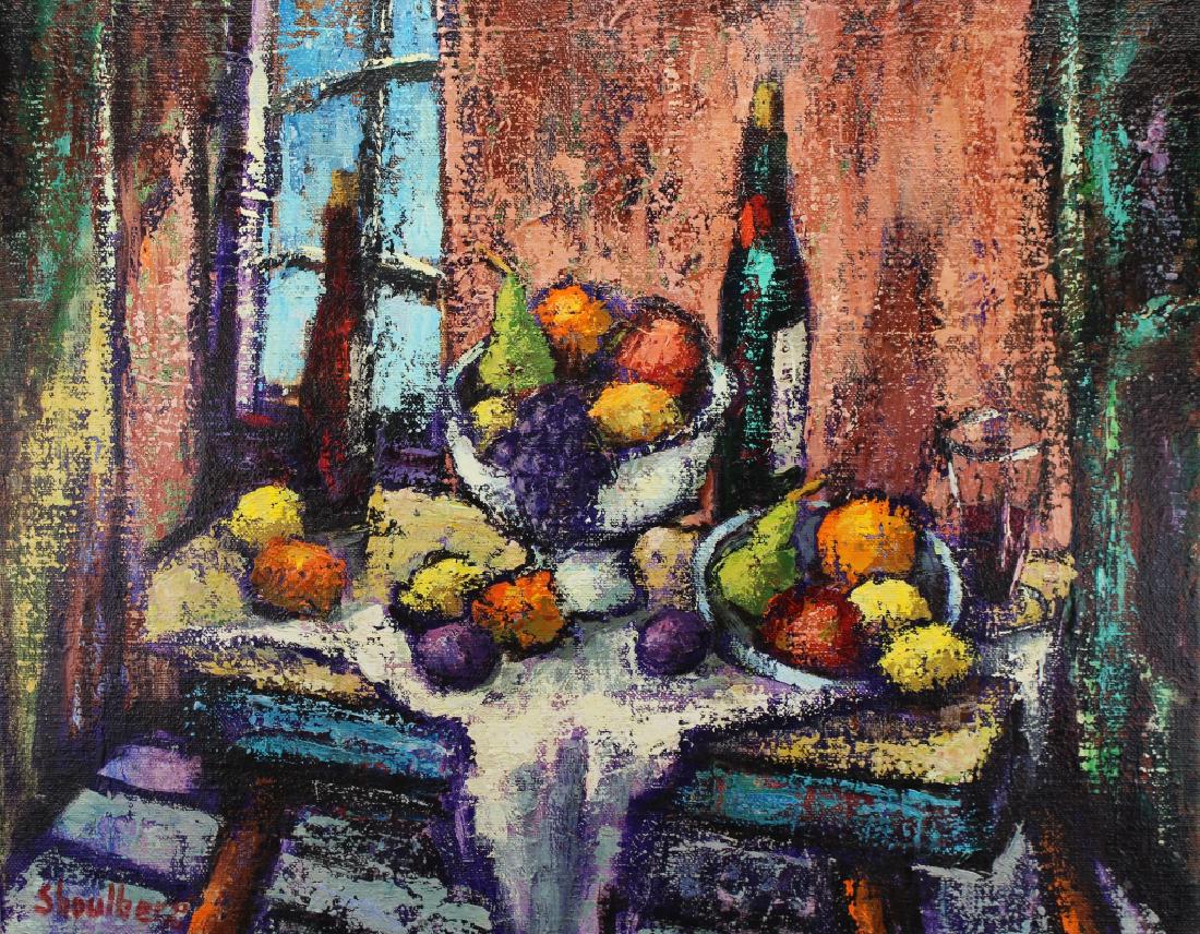 Harry Shoulberg (New York, 1903 - 1995): Harry Shoulberg (New York, 1903 - 1995) Still life with an assortment of fruit, wine bottles on a table setting. Exhibition label verso. Signed lower left. Oil on canvas. Size: 24 x 30 inches. His wor