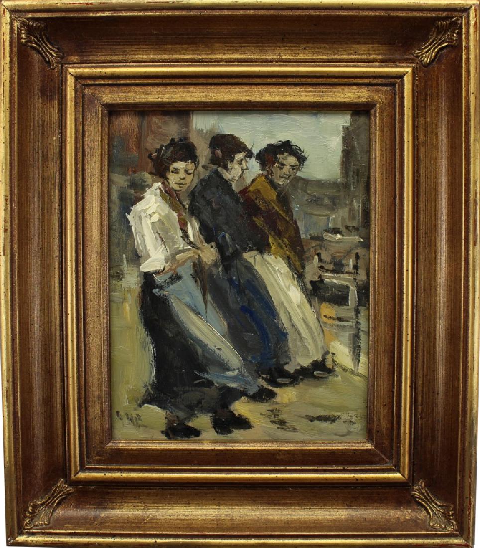 Attr. George Hendrik Breitner (1857 - 1923): Attr. George Hendrik Breitner (Netherlands, Holland 1857 - 1923) painting of three women figures along a street. Initialed lower left. Oil on board. Image size: 9.5 x 7.5 inches. Provenance: Private C