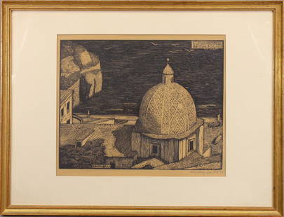 Sydney Lee (United Kingdom, 1866 - 1949): Sydney Lee (1866 - 1949) Print of a Mediterranean scene. Titled upper right hand portion of image. Pencil Signed lower right hand margin. Sight size: 7.5 x 9.5 inches.