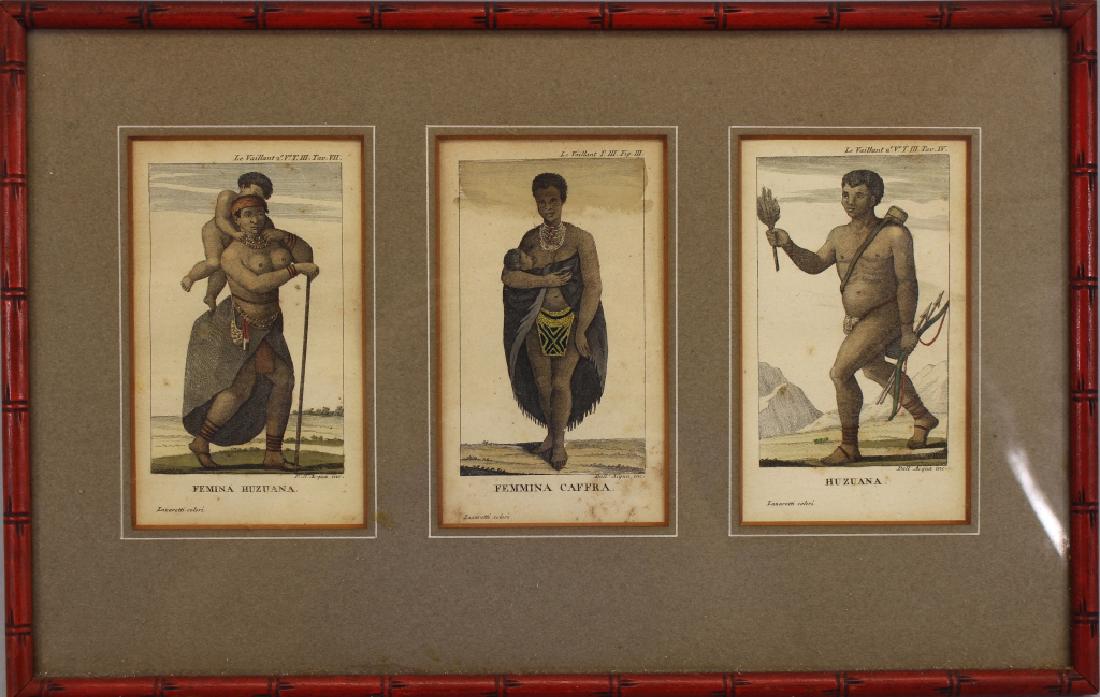 Antique 3-part Colored Engraving, African Figures: Antique 3-part Colored Engraving of African Figures. Overall framed size: 9 x 14.5 inches.