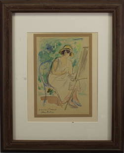 Albert Andre (1869 - 1954): Albert Andre (1869 - 1954) watercolor of woman at artist's easel. Image Size: 8 x 5.5 in. This item is framed behind glass.