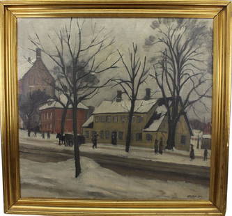 Otto Nielsen (Denmark 1877 - 1959): Otto Nielsen (Denmark 1877 - 1959) Winter village scene with figures. Signed lower right. Oil on canvas. Sight size: 24 x 25.5 inches. With label verso.