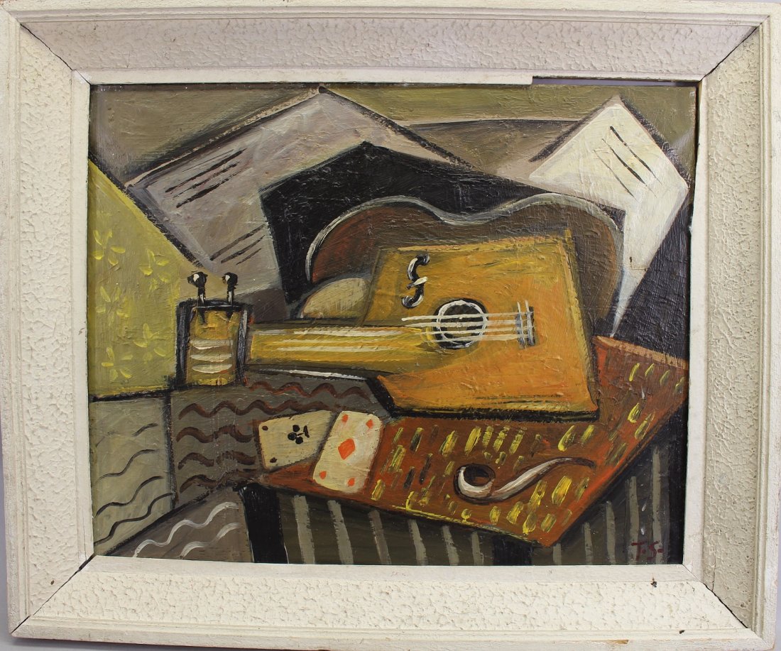 Vintage Cubist Painting of Guitar, Signed: Vintage Cubist Painting of Guitar, Signed. Initialed lower right. Oil on canvas. Overall framed size: 20 x 24 inches.
