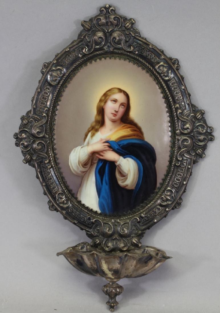 Exceptional Porcelain Plaque in Silver Frame: Exceptional Porcelain Plaque in Silver Frame. Depicting a woman looking towards the sky over her left shoulder. Height: 12 in.