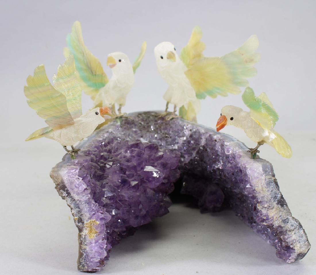 (4) Carved Stone Birds on Amethyst Geode (1 of 6)