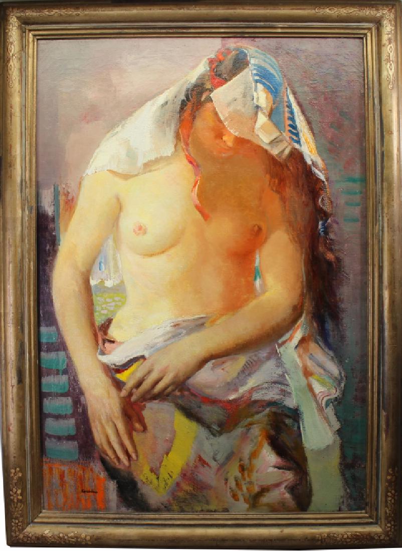 Jon Corbino (1905 - 1964) "Semi Nude": Jon Corbino (1905 - 1964) "Semi Nude" Large Oil on canvas. Housed in a Prendergast Style Frame. Signed lower left. Gallery label verso. Sight Size: 24 x 36 in. Overall Size: 41.5 x 30.5 in. A highly a