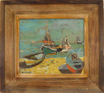 Eric Isenburger (1902 - 1994): Eric Isenburger (1902 - 1994) Oil on canvas painting of a harbor scene. Signed lower left. Inscribed verso. Sight Size: 12 x 14 in. Overall Size: 20 x 22 in.