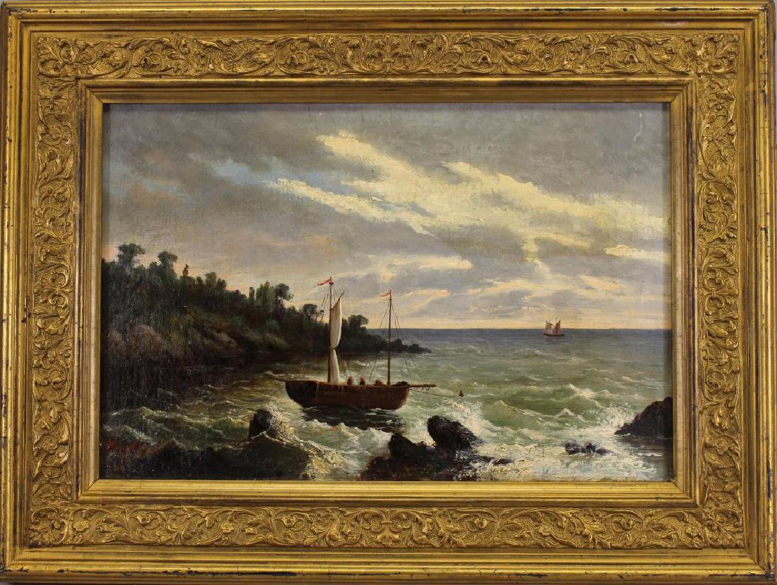 Theodore Gudin (France, 1802 - 1880): Theodore Gudin (France, 1802 - 1880) Oil on canvas painting of a coastal scene with sailboats. Signed lower left. Sight Size: 10.5 x 15 in. Overall Size: 16 x 21 in.