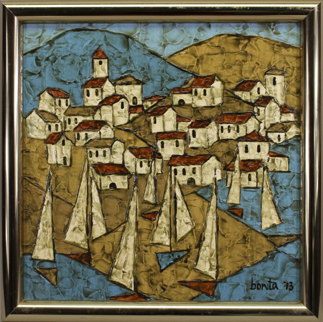 "Sail Patterns III" Signed '73 Harbor Scene: "Sail Patterns III" Signed 1973 Harbor Scene. Signed "Bonita" and dated lower right. Inscribed verso Bonita Thurner. Acrylic on canvas. Sight size: 15.5 x 15.5 inches.