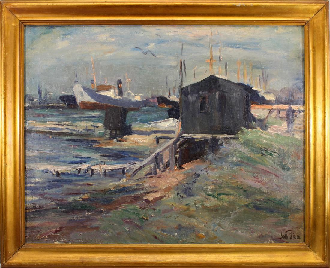 Sally Philipsen (1879 - 1936) Harbor Scene: Sally Philipsen (Denmark, 1879 - 1936) Harbor Scene with docked boats. Oil on canvas. Signed lower right. Sight Size: 20 x 27 in.