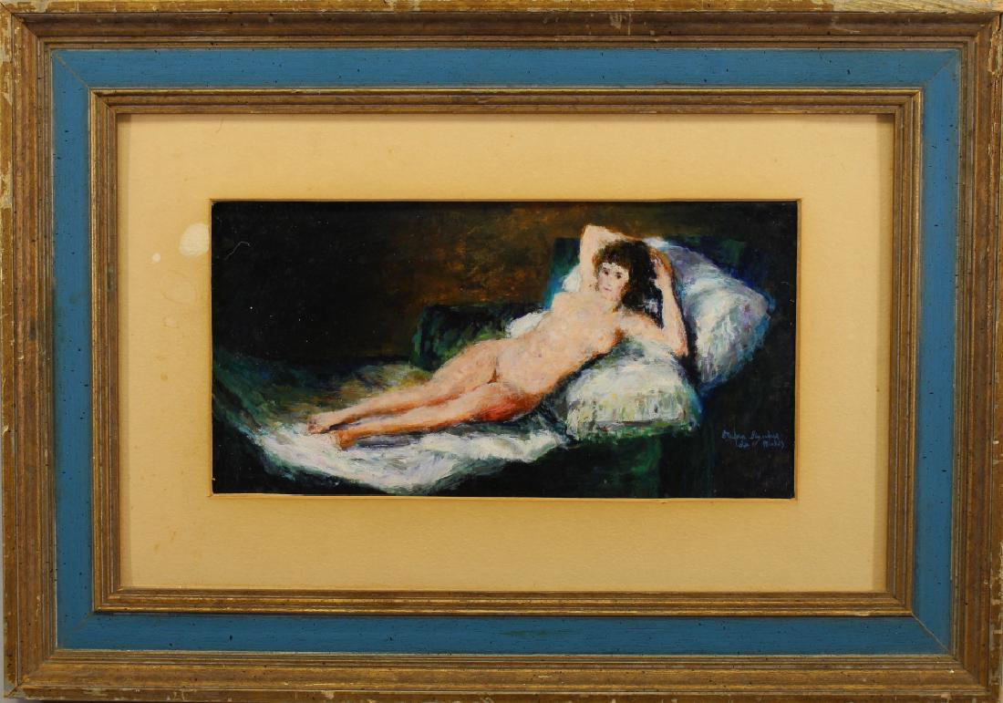 20th C. Signed Painting of Reclining Nude Woman: 20th C. Signed Painting of Reclining Nude Woman. Signed lower right. Sight Size: 5 x 10 in.